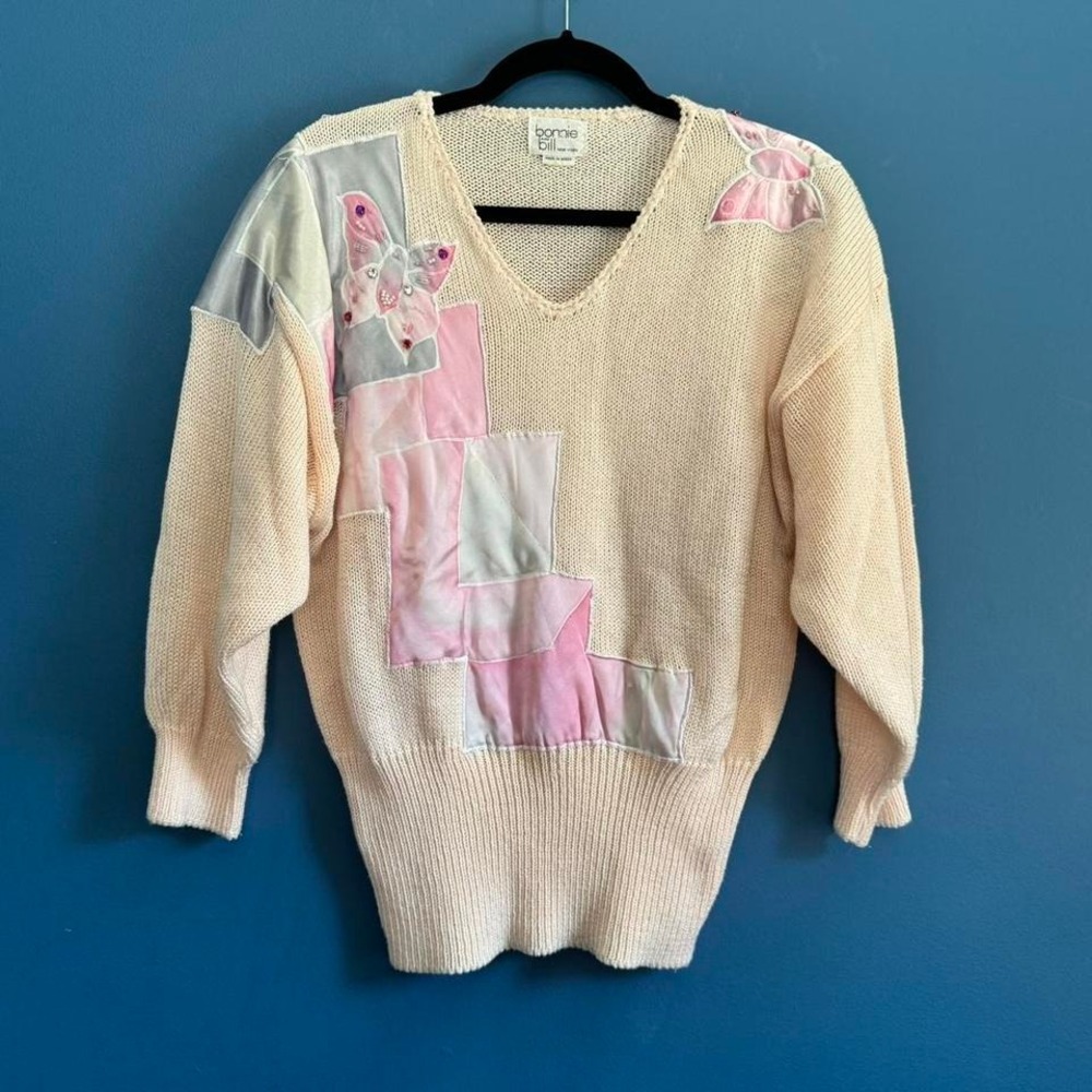 Vintage 80s Sweater Women's Size Medium Bonnie‎ and Bill Patchwork Butterfly